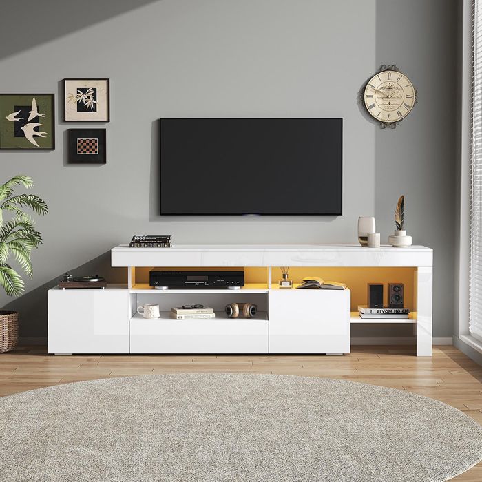 Meuble TV 3 armoires support TV et éclairage LED pour téléviseurs jusquà 85 pouces Blanc 192 x 37 x 53 cm Meuble TV 3 armoires support TV et éclairage LED pour téléviseurs jusquà 85 pouces Blanc 192 x 37 x 53 cm