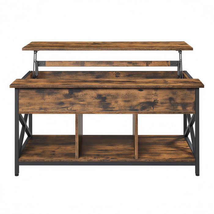 Table basse - Plateau réglable - Marron rustique et noir - 60x100x(48-62) cm - 3 compartiments