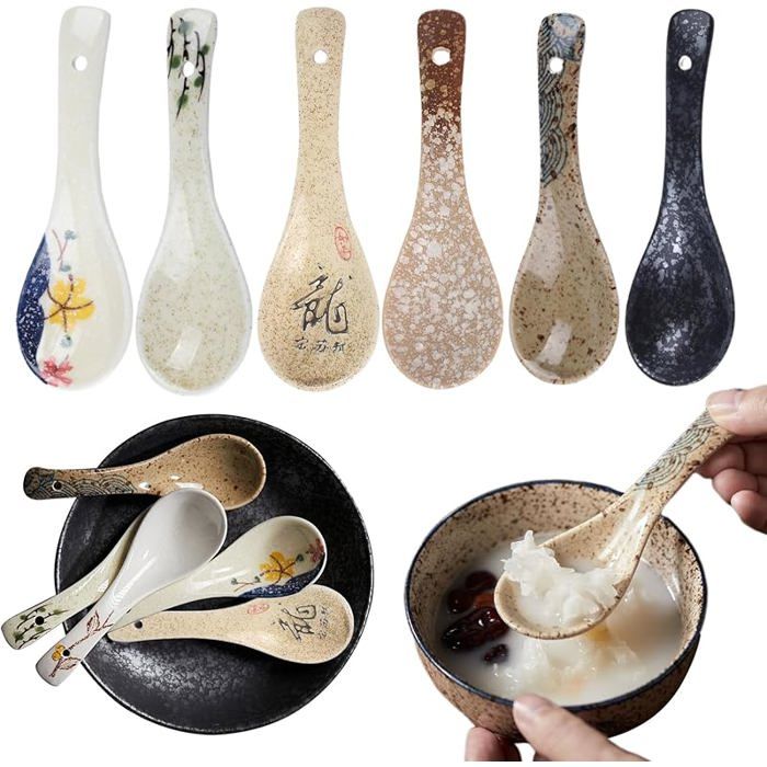 Lot de 6 cuillères à soupe asiatiques en céramique blanche créatives et élégantes pour service ENSEMBLE USTENSILES