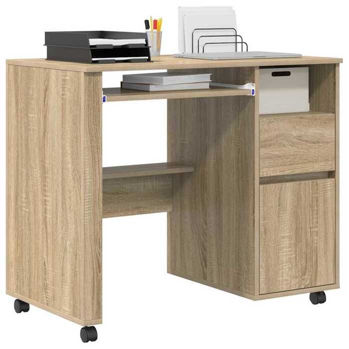 Bureau avec roues - CLARENCE - Tiroir - Chêne Sonoma - 91x50x77 cm - 4 roues - 1 étagère - Bois dingénierie