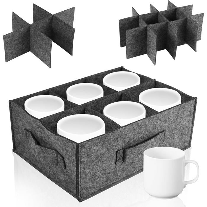 Boîte de rangement en feutre pour couverts porte-assiettes pouvant contenir 6 tasses gris foncé.