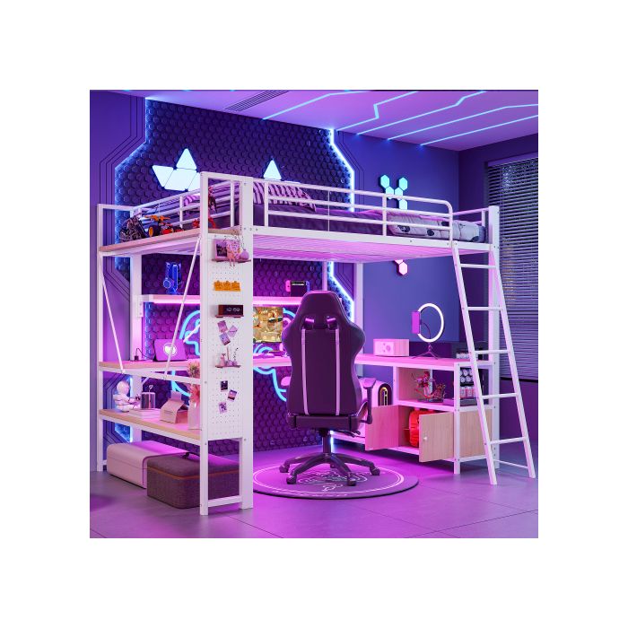 Lit mezzanine avec bureau - MODERNLUXE - 140x200 cm - Structure en fer - Éclairage LED - Port USB - Blanc
