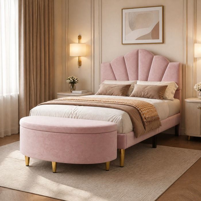 Maisentiel Lit 1 place 90 x 200 cm en velours rose tête coquillage réglable sommier et banc rangement