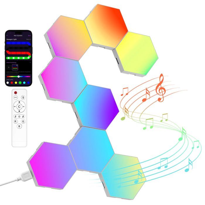 Panneau LED Hexagonal Gaming Murale Lampe— 8pcs Smart Music Sync Deco Modulaires RGB Lights App&Télécommande Contrôle