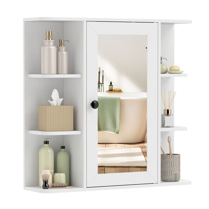 COSTWAY Armoire de Salle de Bain avec Miroir Porte à Aimant 3 Compartiments Intérieurs et 6 Étagères Ouvertes 45 kg Blanc