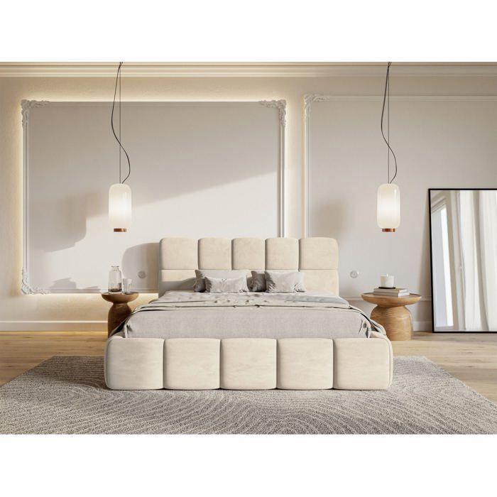 Lit rembourré 120x200 – Cloudy – Velours Beige clair