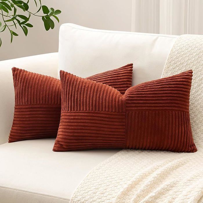 Lot de 2 Housse de Coussin 30x50 cm en Velours Côtelé Housse Coussins Patchwork à Rayures Croisées 50 x 30 cm ROU HOUSSE DE COUSSIN
