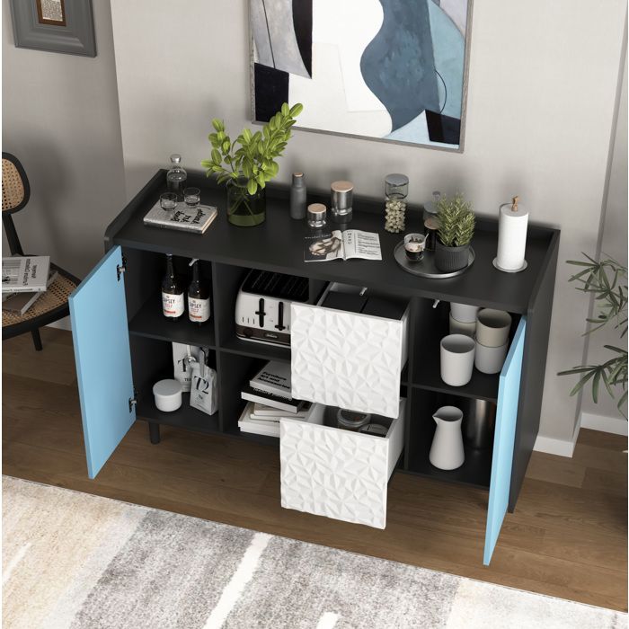 Buffet 120x40x80 cm avec 2 tiroirs et rangement ouvert meuble de rangement pour cuisine salon MDF noir et bleu