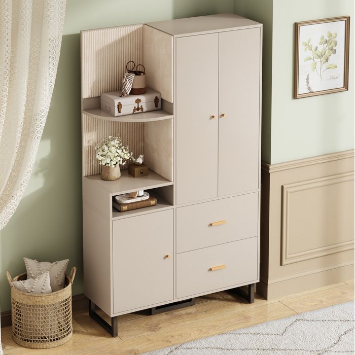 Meuble dentrée avec 2 tiroirs étagères ouvertes et porte à fermeture douce - BEAUNIV - MDF beige gris 110×38×186 cm
