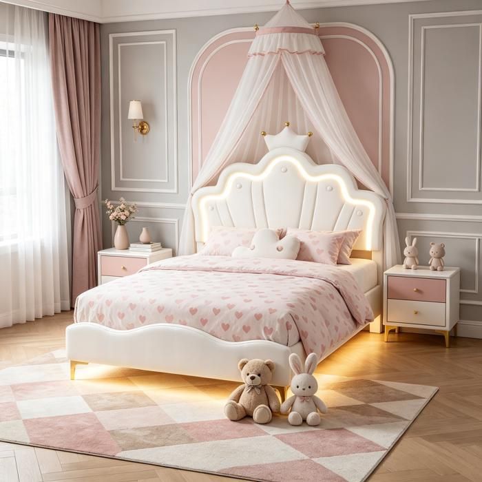 Lit enfant capitonné 140x190cm Cadre de lit 140x190 avec LED Tête de lit princesse couronne Lit fille Sommier à lattes PU blanc