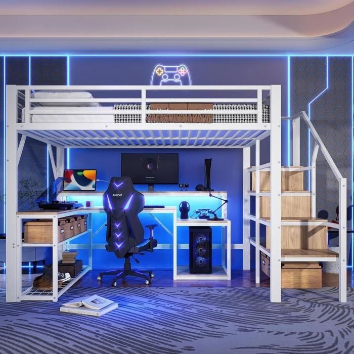 Lit superposé - KOMHTOM - 140x200 cm - Escalier avec rangement - Bureau intégré - LED intégrée & USB Lit superposé - KOMHTOM - 140x200 cm - Escalier avec rangement - Bureau intégré - LED intégrée & USB