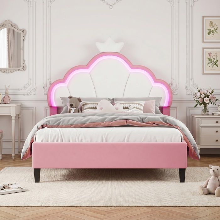 Lit 140x190cm avec tête de lit princesse Lit double avec sommier LED Lit fille princesse 2 Personne Velours Rose