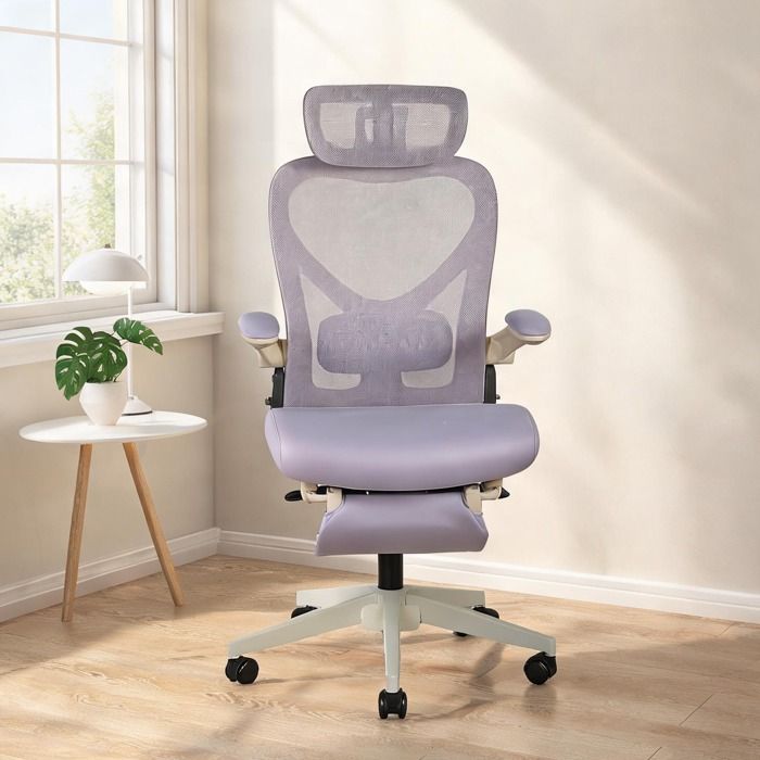 Chaise de bureau pliante ergonomique en mousse violette avec support lombaire et accoudoirs rabattables pour petit espace