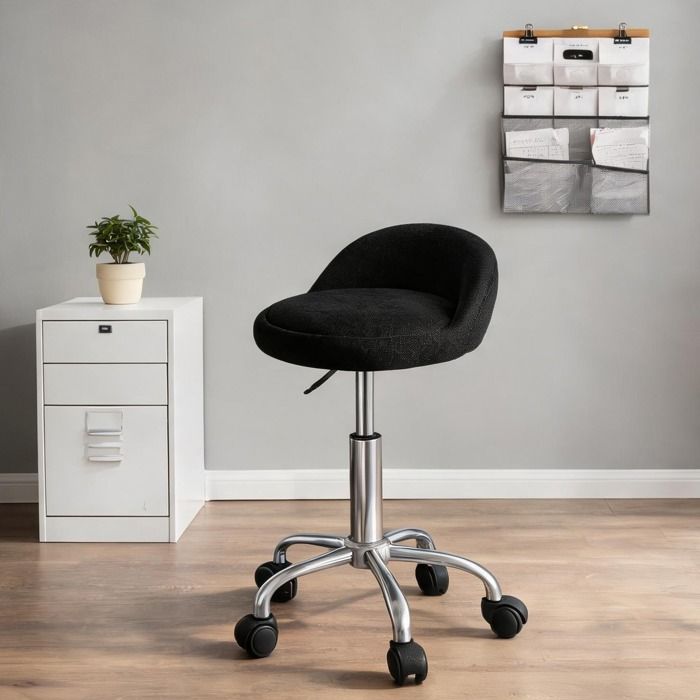 Tabouret de bureau pivotant en velours noir réglable en hauteur avec roulettes