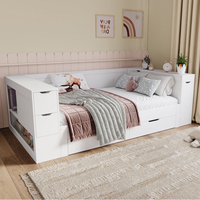 Lit combiné enfant 90 x 200 cm blanc en MDF avec sommier tiroirs rangements sans matelas
