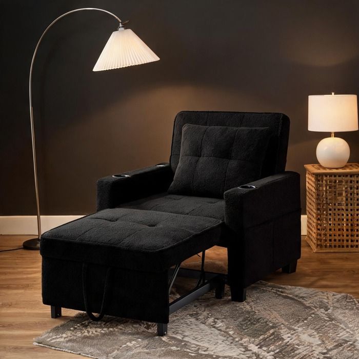 Fauteuil-lit convertible 3-en-1 deep black cadre bois et métal avec porte-gobelets et USB pour studio