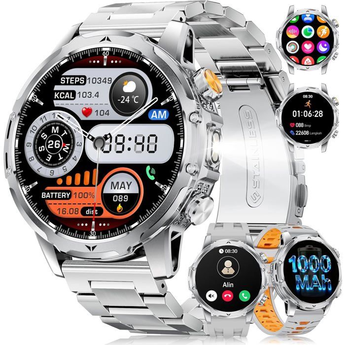 Montre Connectée Homme1000mAh Batterie/1.53HD Écran/LED Lampe/Appel Bluetooth Smartwatch Hommepour Android iOSArgent