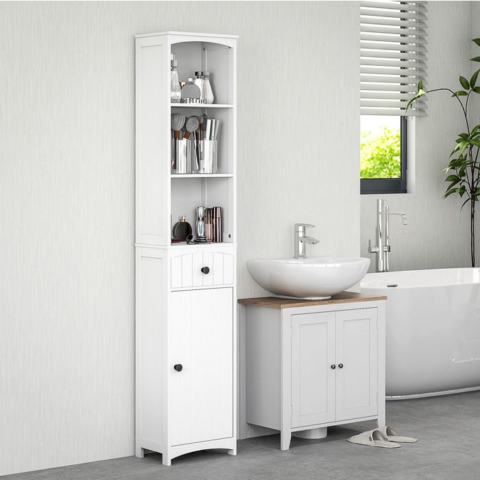 Colonne de Salle de Bain 3 Étagères 1 Tiroir Rangement Compact - LPOSPI - MDF Blanc 34 × 24 × 170 5 cm