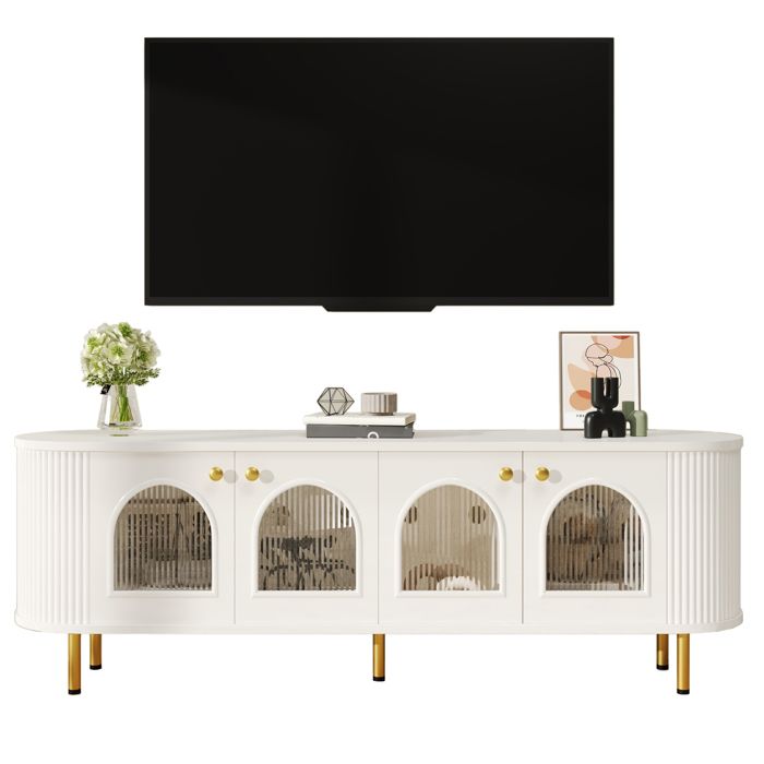 Meuble TV bas - MDF - Blanc et or - Bords arrondis - Portes vitrées