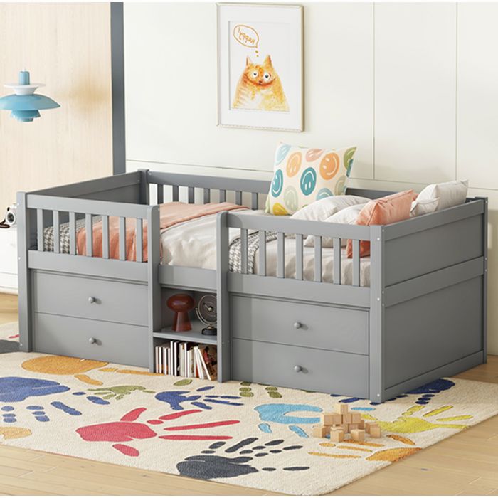 Lit Enfant mi-hauteur 90×200 cm 4 Tiroirs et Barrière - HAVRYA - Sans Matelas Pin et MDF Gris