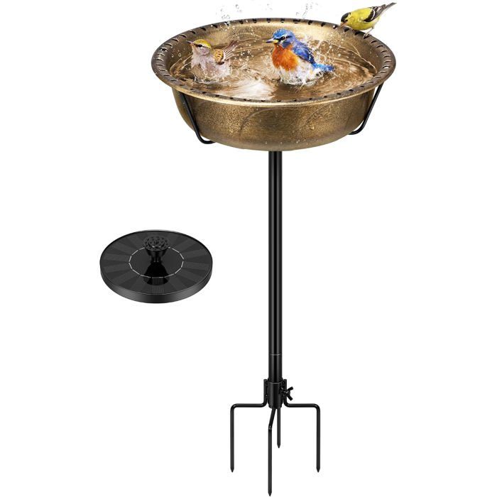 Fontaine à oiseaux solaire en polyresin 74 cm - bain doiseaux extérieur 55 L avec base 5 fourchettes et panneau 14 W