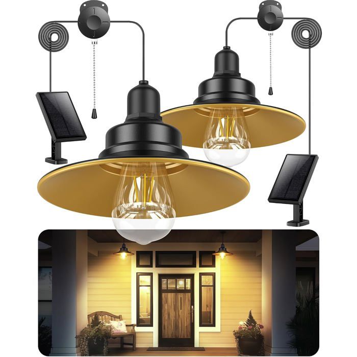 Lot de 2 lampes solaires suspendues intérieur/extérieur ampoule E27 étanchéité IP65 interrupteur à tirette éclairage jardin