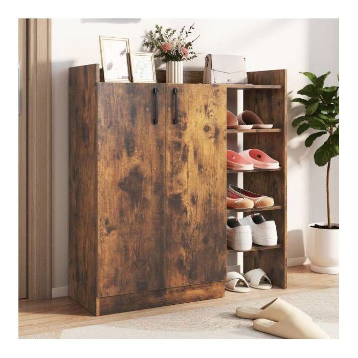 Meuble chaussures entrée marron rustique 2 portes 4 niches étagères réglables style campagne rangement vestiaire