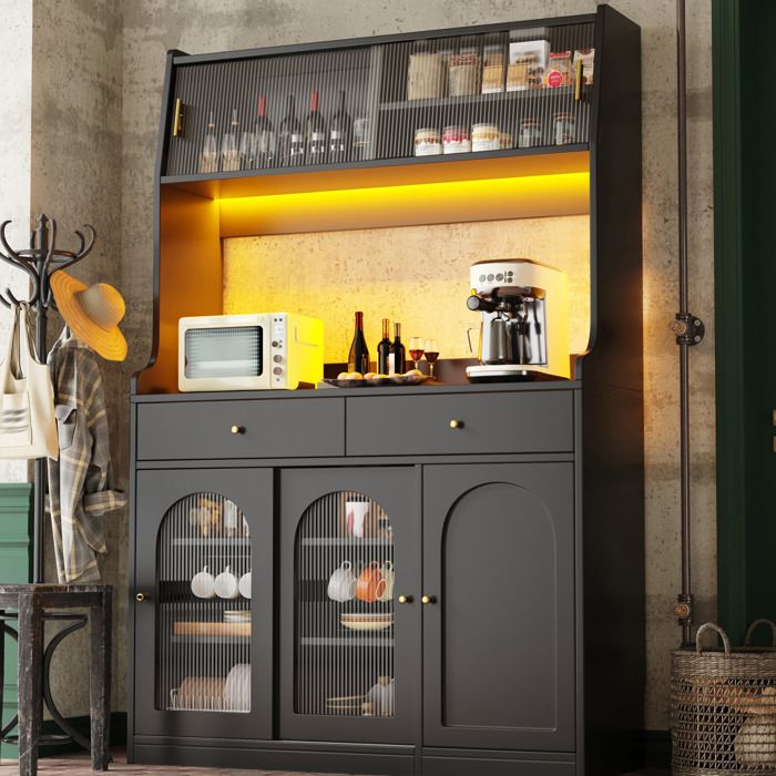 Buffet de cuisine noir 120 cm avec portes vitrées LED multicolore 2 tiroirs et étagères réglables