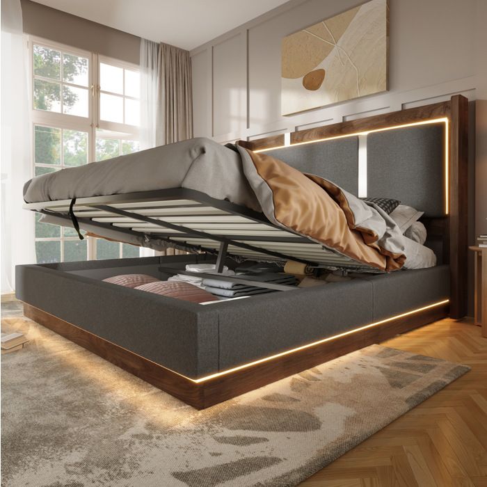 MEULVA Lit coffre 160x200 avec sommier à lattes LED intégrée hydraulique gris effet noyer sans matelas