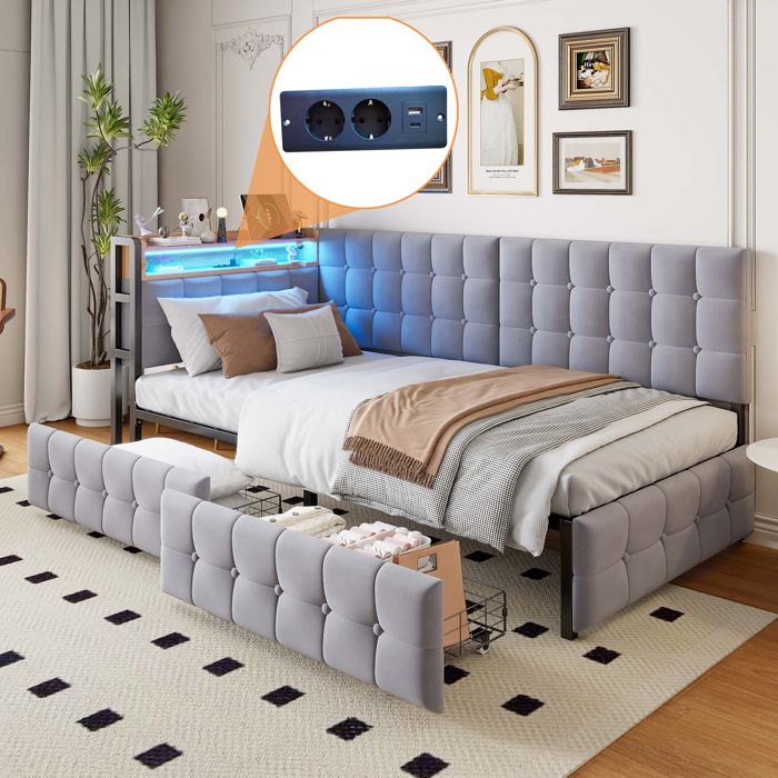Lit enfant avec LED USB-C et 2 tiroirs – 208.5x99x83.5 cm gris velours couchage modulable
