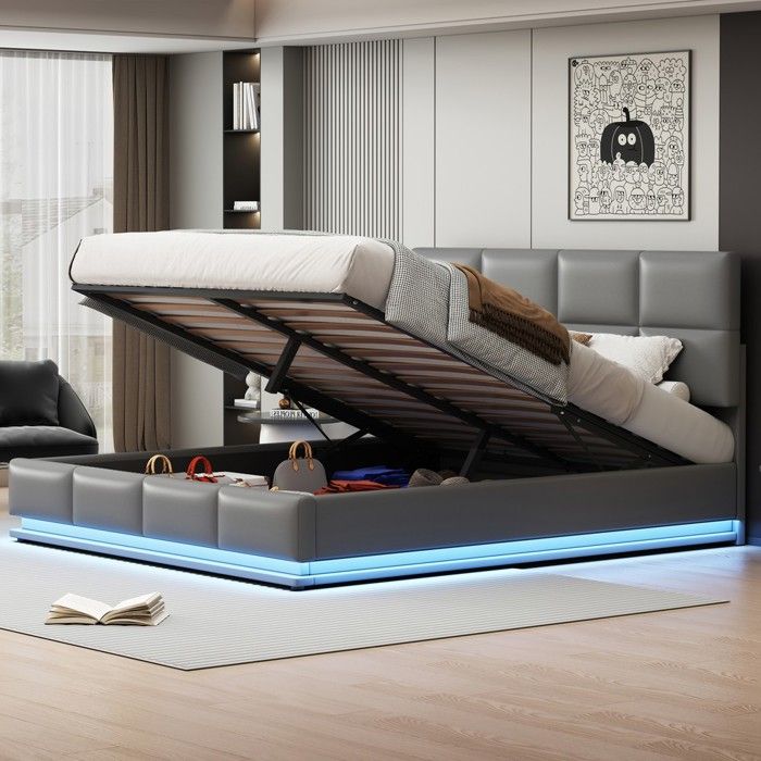 Lit double 180x200cm gris clair simili cuir LED hydraulique coffre rangement sommier lattes Lit double 180x200cm gris clair simili cuir LED hydraulique coffre rangement sommier lattes