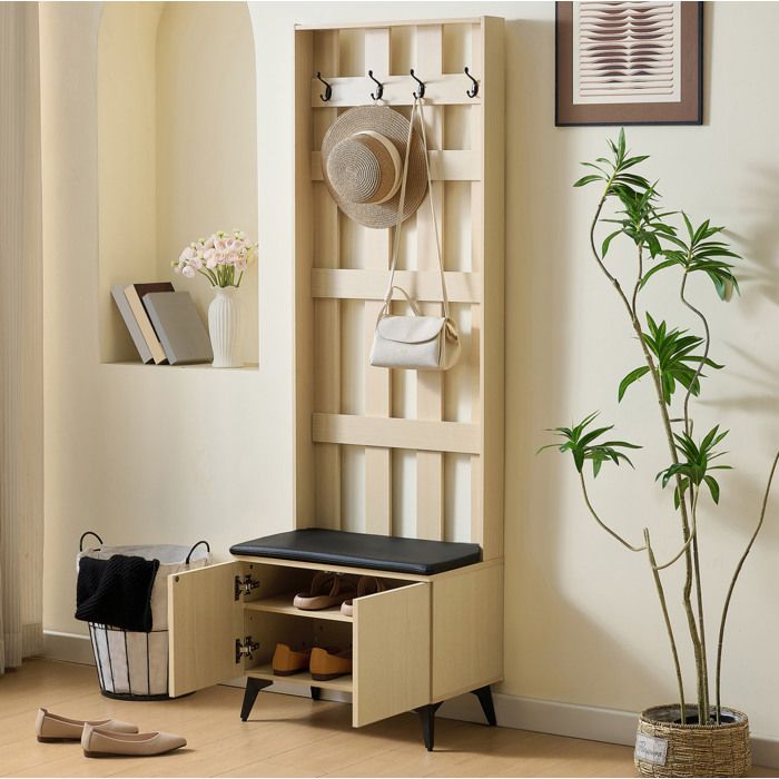 MEUVYX Meuble dEntrée avec 4 Crochets Banc Rembourré et 2 Portes MDF Aspect Bois Clair 60 × 35 × 179 5 cm