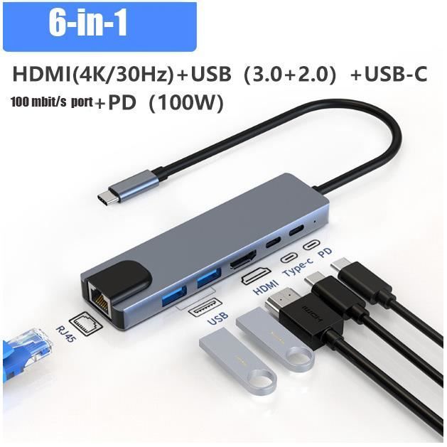 Hub USB-C 8-en-1 : HDMI 4K, Ethernet, Charge 100W, 3x USB, Lecteur SD/TF - Pour MacBook, IPad, PC