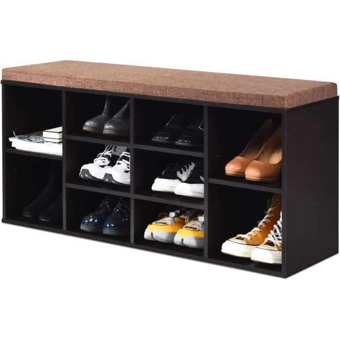 costway meuble à chaussures banc à chaussures avec siège coussin rembourré 10 cubes, etagères réglables en bois104x30x48cm marron