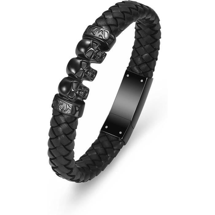 Bracelet Homme Cuir Et Acier – Fermoir Tête De Mort Et Fleur De Lys
