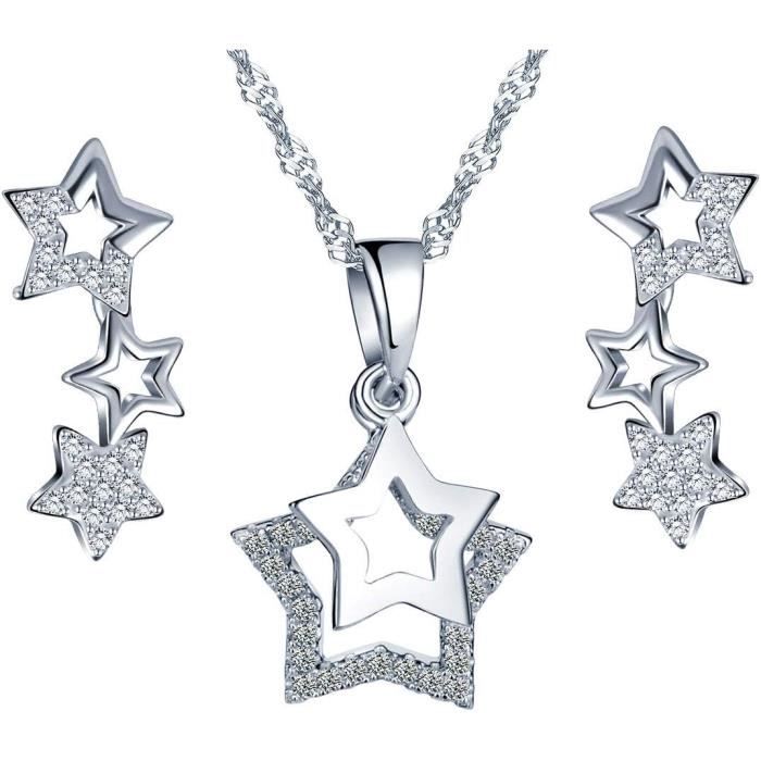 collier étoile en argent 925,pendentif pour femme fille,bague d'oreille étoile diamanté,orné des zircons,ensembles de bijoux,arge