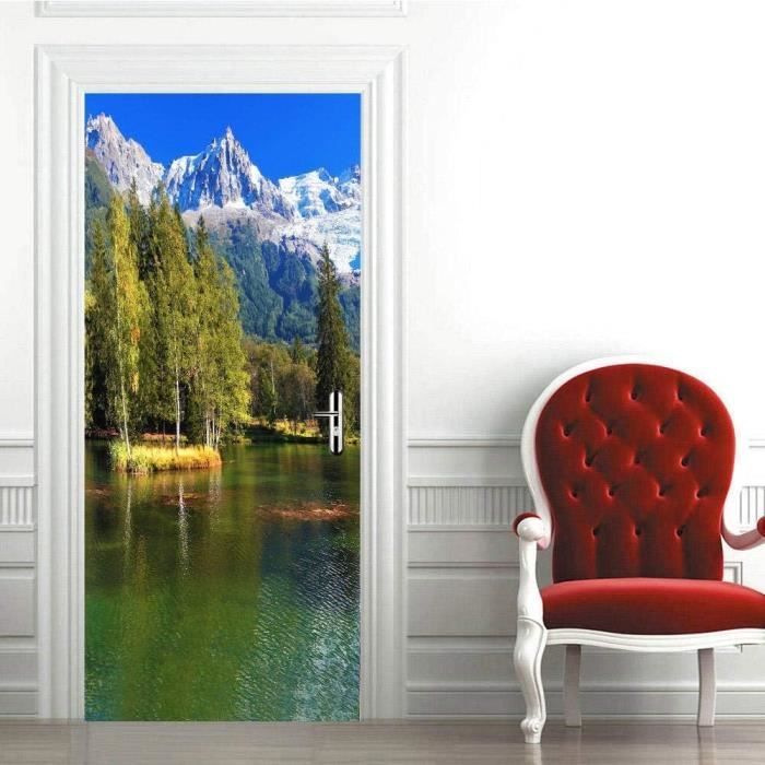 Papier peint auto-adhésif paysage forestier pour portes,autocollant de