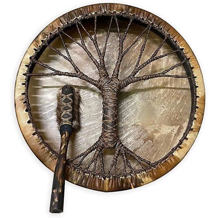 Tambour Chamanique 10 Pouces Fait Main - Avec Bâton - Méditation, Guérison Sonore - Design Arbre De Vie