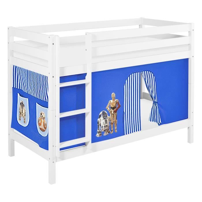 lits superposés jelle 90 x 190 cm star wars bleu - avec rideaux et deux sommier à lattes - lilokids - blanc laqué - disney accessoir