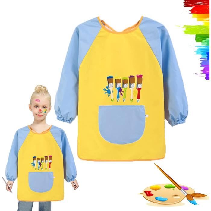 Blouse Peinture Imperméable Enfant – Tablier Arts Créatifs 5-10 Ans – Bleu Et Rouge – Manchons élastiques, 3 Poches, Lavable – Cadeau