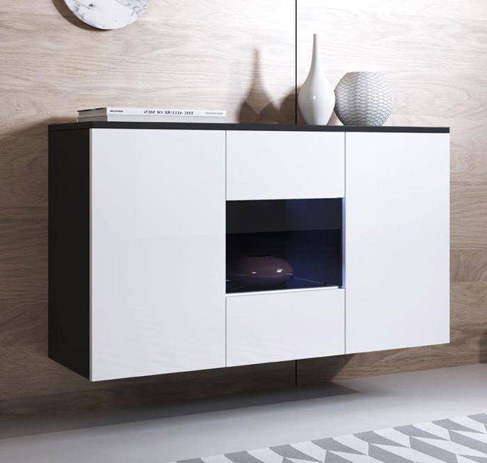 Buffet Bahut 3 portes 2 étagères vitrine LED 120 x 70 x 40 cm Couleur Noir et Blanc Finition Brillante Rangement LUKE A2
