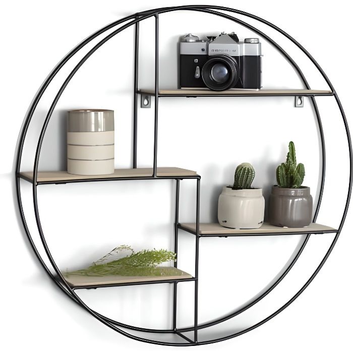 LIFA LIVING Ronda Etagère en bois style vintage et nature Etagère à épices pour cuisine ou autre en bois et métal Etagère murale ronde en bois et métal noir avec 4 étagères Ø55 cm x 11 x 55 cm Mascot Online B.V.