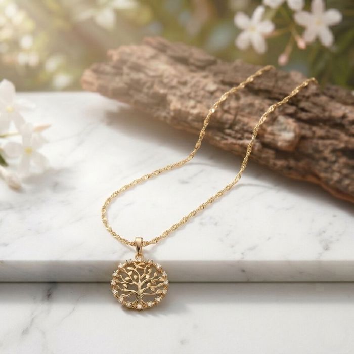 Collier Femme Pendentif Arbre De Vie – Cristal Blanc Zircon – Plaqué Or Jaune 750/1000