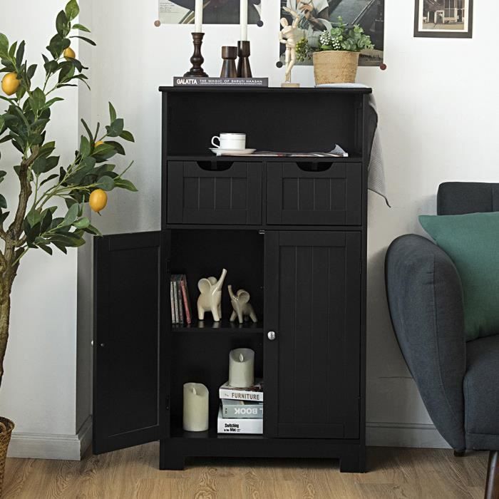 COSTWAY Meuble de Salle de Bain avec 2 Tiroirs et 2 Portes Étagère Réglable pour Salon Cuisine entrée 60 x 30 x 109 cm Noir