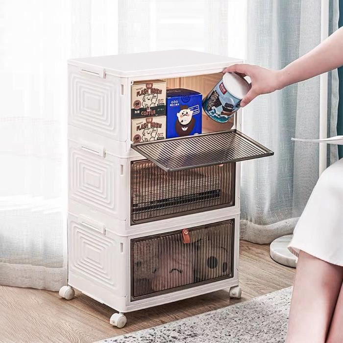 YIPEEMA. Armoire De Rangement Rabattable Pliable Avec Roulettes 3 Niveaux Plastique PP 64*28*39 cm Blanc.