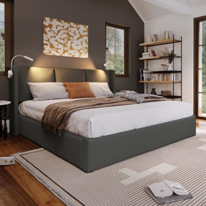 Lit coffre - LUNEX HOME - 140x200 cm - Simili-cuir gris - Tête de lit réglable - Charge USB