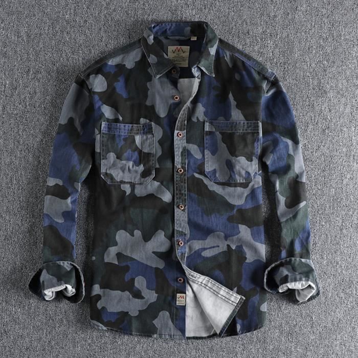 Chemise Cargo Homme 100%Coton Bleu Camouflage rayure Manches