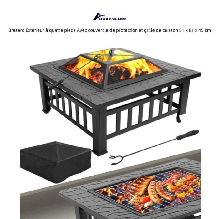 Brasero En Fonte Acier Noir à Pieds Pliants – Pour Jardin Et Extérieur, Sécurité Avec Couvercle Maille - 6