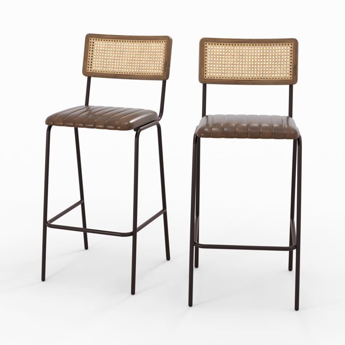 Lot de 2 chaises de bar 76 cm en cannage et cuir marron - Arsène - Maison Pavane