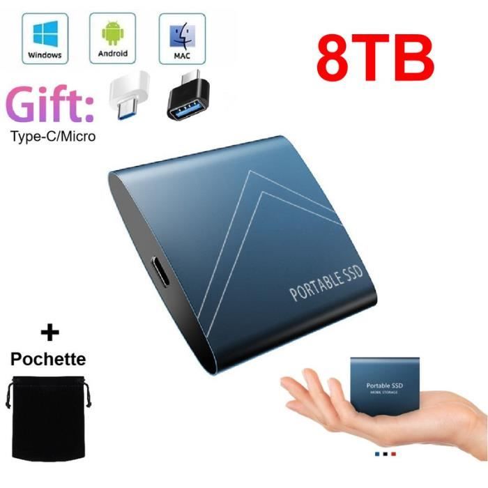 Disque Dur Externe Portable SSD HDD 8TB 8To Bleu avec OTG Type-C Micro Mini  Taille + Pochette Sac de Stockage en Tissu - Cdiscount Informatique